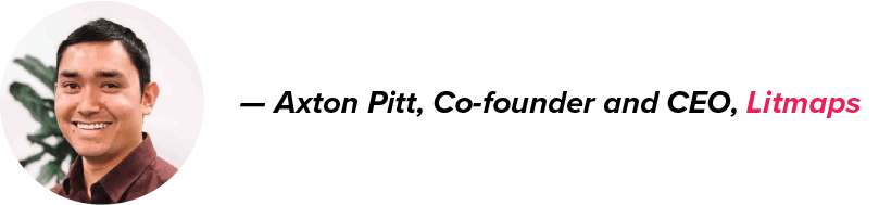 Axton Pitt, Co-founder and CEO of Litmaps, smiles in a brown shirt, with his name in black and the company name in pink