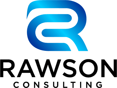 A stylised blue "R" gradient above "Rawson" in bold black uppercase letters and "Consulting" in a smaller font below