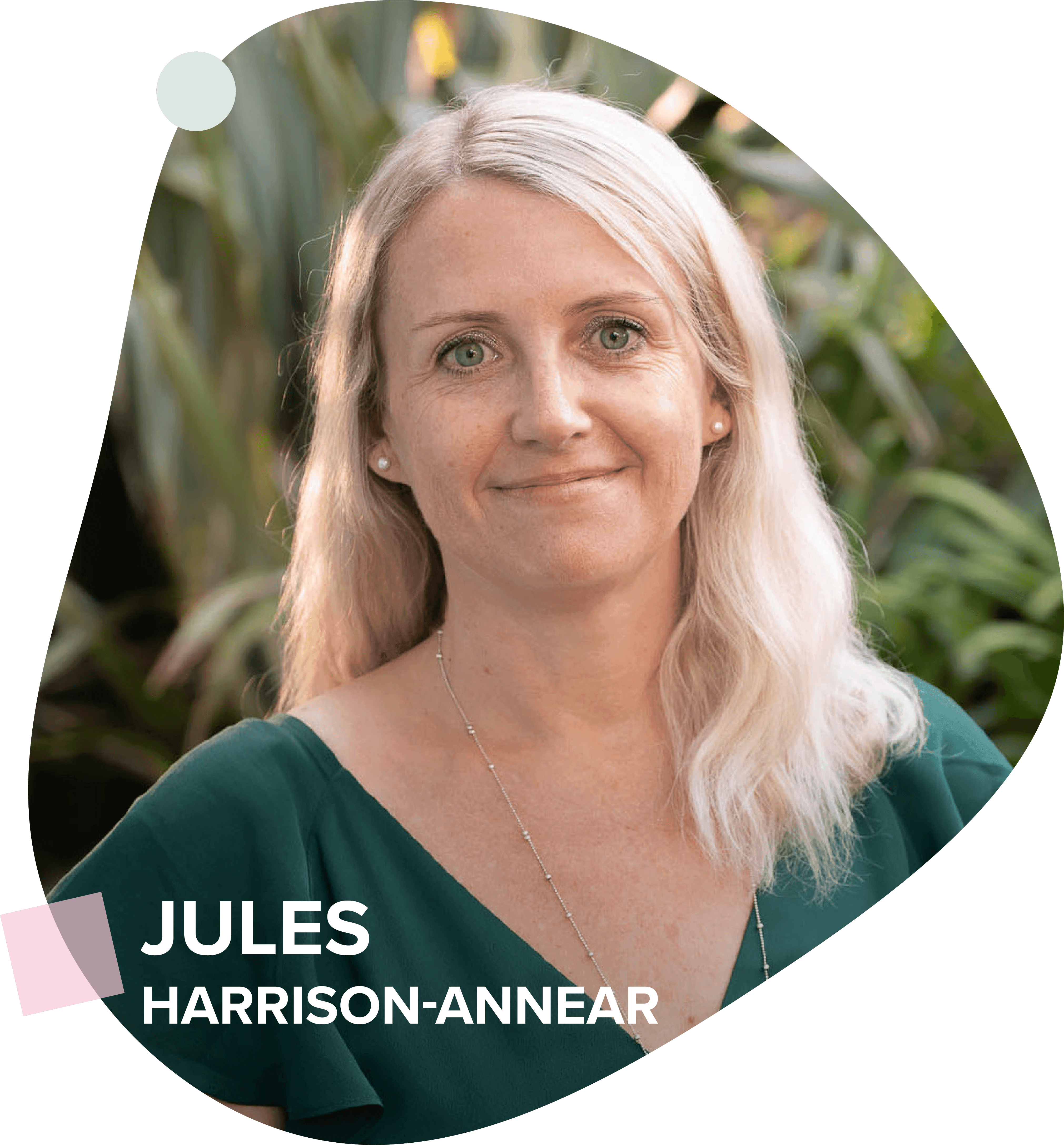 A blonde woman in a green blouse, smiling against a lush outdoor backdrop, framed by abstract graphic elements