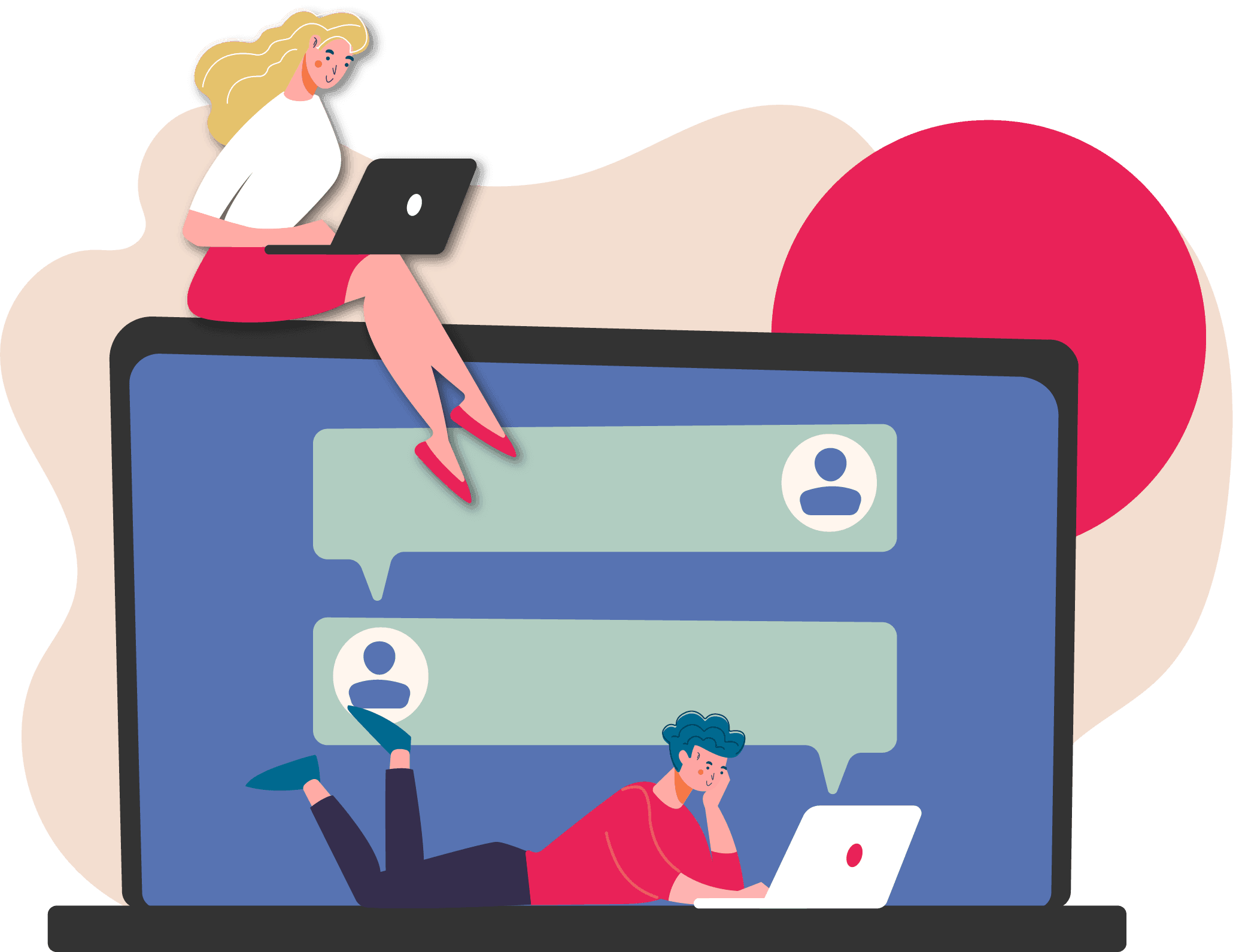 Illustration of a woman on a laptop and a man inside the screen with chat bubbles, with a pink circle and beige shape behind the laptop