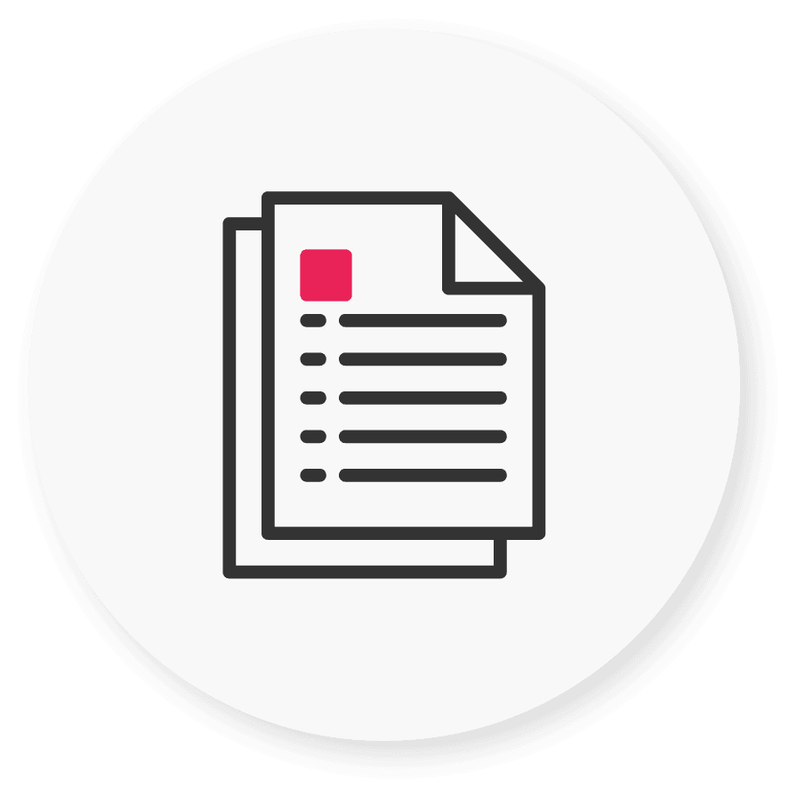 Icon of two stacked documents, one featuring a pink square in the top left, framed within an off-white circle with a soft drop shadow