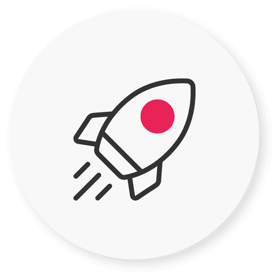 Icon of a rocket with a pink circle on its body, framed within an off-white circle with a soft drop shadow