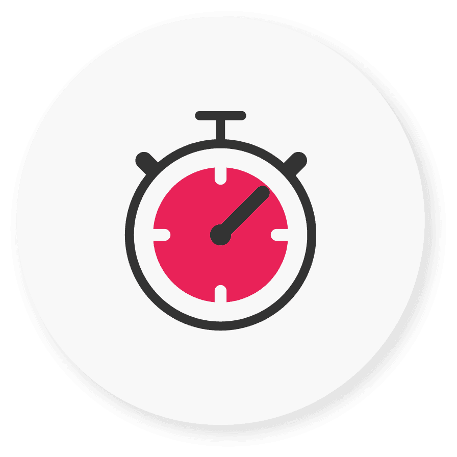 Icon of a stopwatch with a pink face and a black hand, framed within an off-white circle with a soft drop shadow