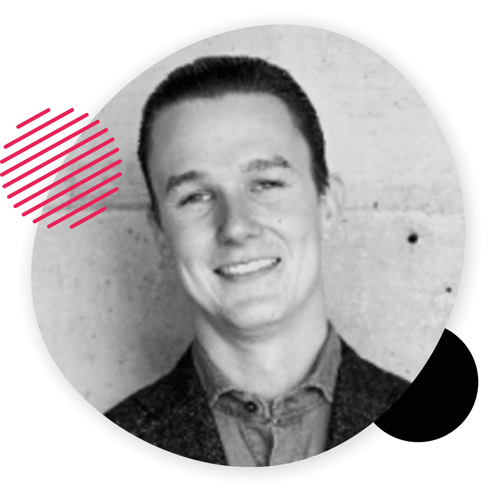 Black and white portrait of a smiling man in a blazer, framed by a circular shape with pink and black graphic accents