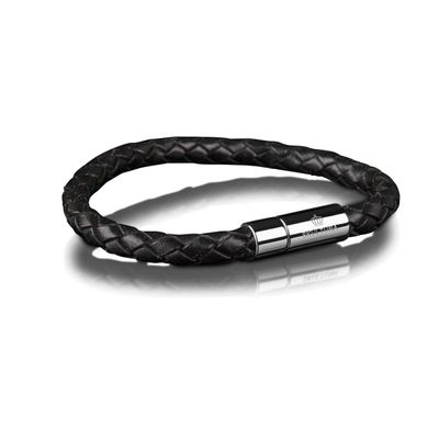 Black Leather Bracelet 6mm - Silver