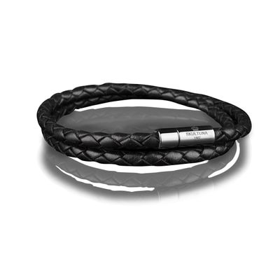 Black Leather Bracelet 4mm - Silver