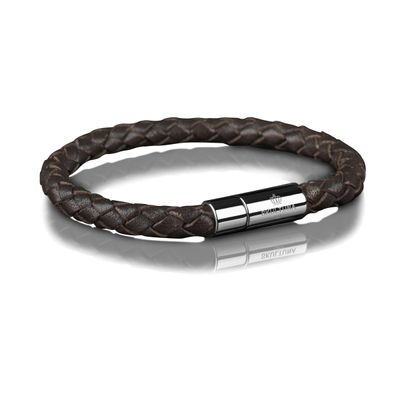 Brown Leather Bracelet 6mm - Silver