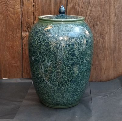 Jar - Ceramic Jar/Vase  w. lid - Green w. Blue Floral Pattern