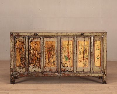 Cabinet - c1920 4 Doors Pale Olive with Paintings -SOLD
