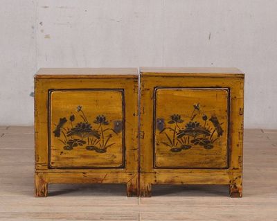 Bedside Cabinets - Gold Lacquer with Lilly Painting