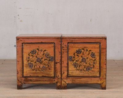 Bedside Cabinets - Pink Gold Lacquer with Flower Painting