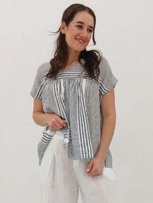 Lolita Gathered Blouse Denim Stripe