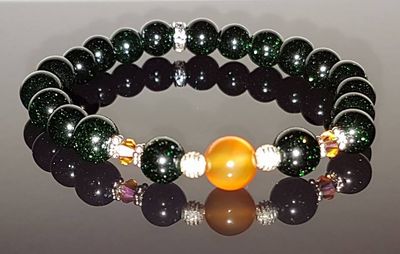 Green Goldstone with Carnelian Focal Stone and Swarovski Crystals
