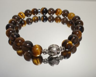 Tiger Eye  and Smoky Quartz with S/S Bali Bead Focal Stone