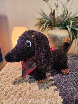 Dark Brown Dachshund with Christmas Plaid Bandana