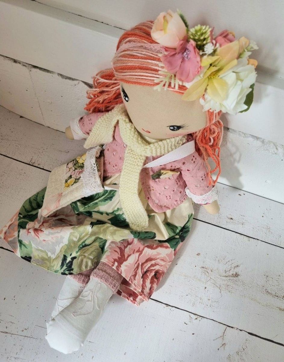 Handmade Cloth Art Rag Doll Wool deals Felt Kitten Pet Country Boho Folk Farmhouse Home Decor Bitsy Bloomers