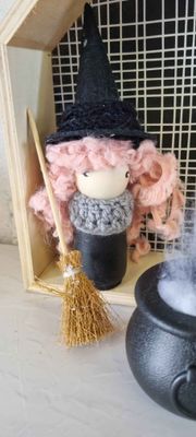 Handpainted Large Peg doll, broom and cauldron  Pink