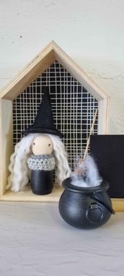 Handpainted Large Peg doll, broom and cauldron - Blonde