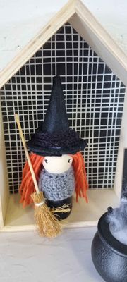 Handpainted Large Peg doll, broom and cauldron Red