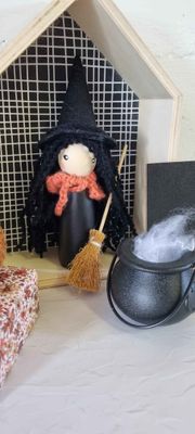 Handpainted Large Peg doll, broom and cauldron  Black