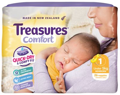 Treasures Comfort Newborn Size 1 Nappies Up To 5kgs 26pk