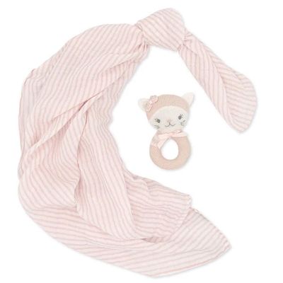 Living Textiles Daisy The Cat Muslin Swaddle &amp; Rattle