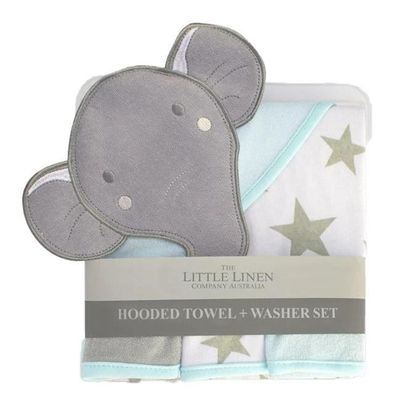 Little Linen Hooded Towel &amp; Washer Elephant Star