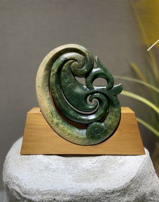 New Zealand Flower Jade Koru Manaia Sculpture (Totara Base)