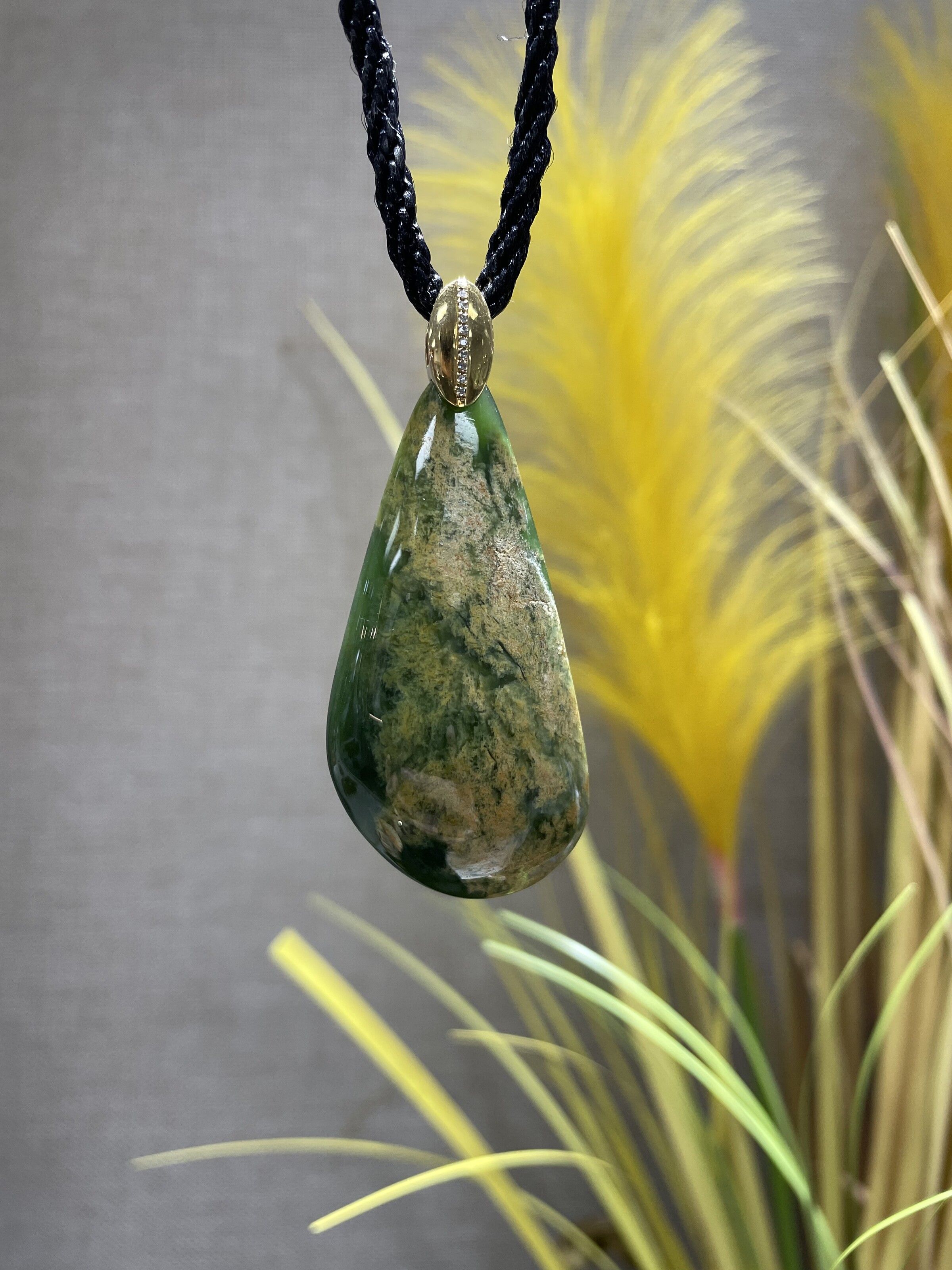 New Zealand Pounamu (Jade) 18K Gold Drop pendant with Diamonds