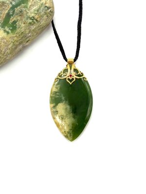 New Zealand Pounamu (Jade) 18K Gold Pendant with Ruby