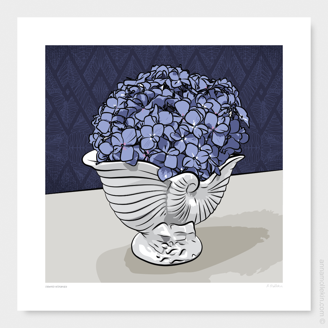 Crowned Hydrangea Art by Anna Mollekin | Crown Lynn Nautilus Vase