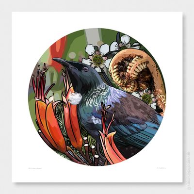 Tūī&#039;s Floral Harmony by Anna Mollekin | Tui Art Prints NZ