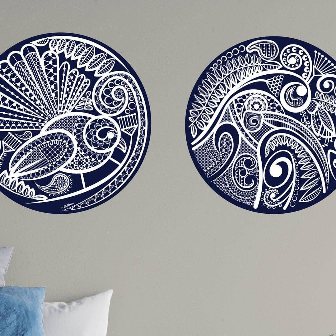 Kiwi and fantail native bird wall decals on a grey wall