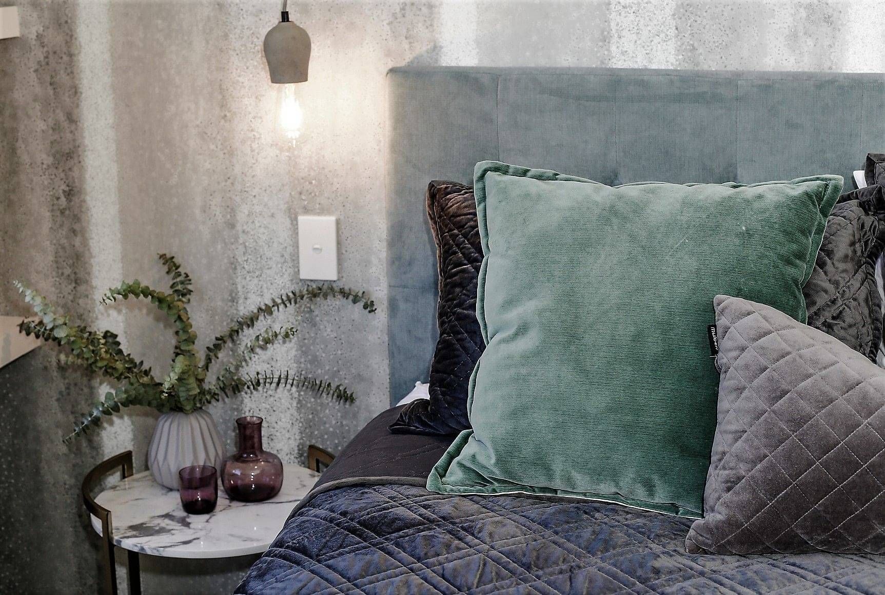 velvet soft furnishings, bedroom styling, indoor plant, vases, juliet coleman