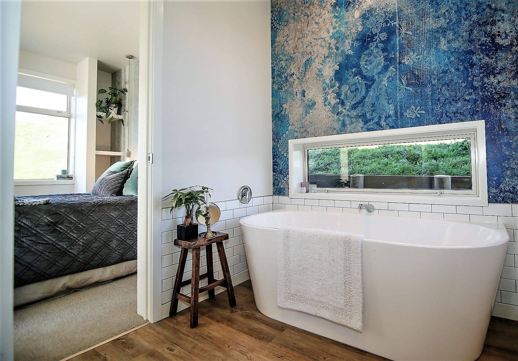 color bathroom, wood floor, wallpaper interior design