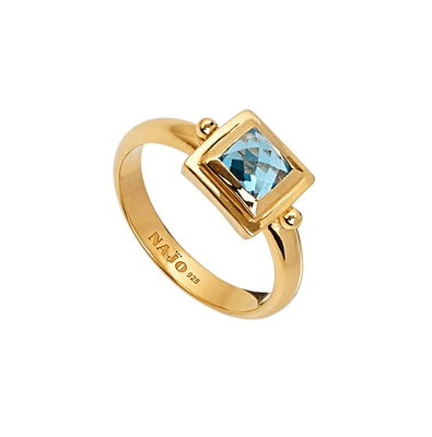 Najo Square Blue Topaz Yellow Gold Ring Size Large