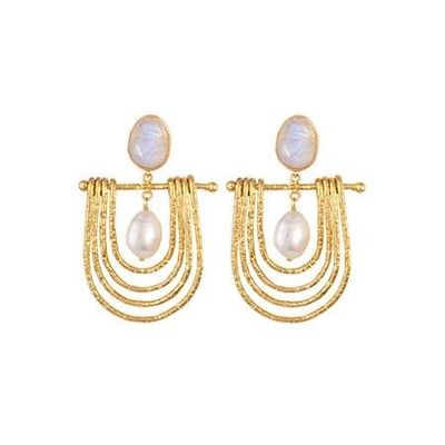 Bianc Olympia Rainbow Moonstone &amp; FWP Pearl Earrings Gold Plated
