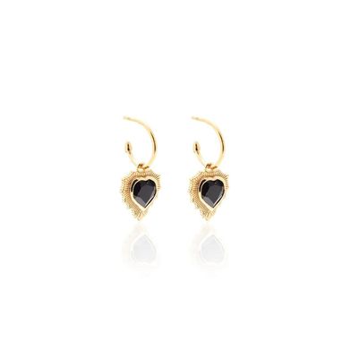 Silk &amp; Steel Amour Heart Hoops Black Spinel Gold Plated