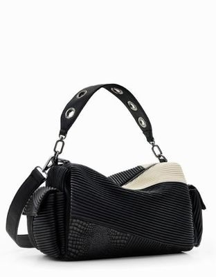 Desigual Black Plisse Textured Crossbody With Mulitple Exterior Pockets &amp; 2 Straps