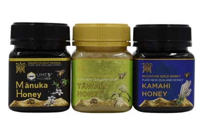 Mountain Gold Gift Pack Manuka Honey UMF5+, Tawari, Kamahi 3 x 110g