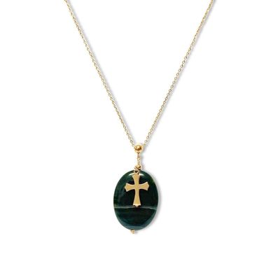 La Roche Green Agate Gold Cross Necklace