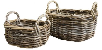 Grey Oval Cane Baskets with Handles - Medium