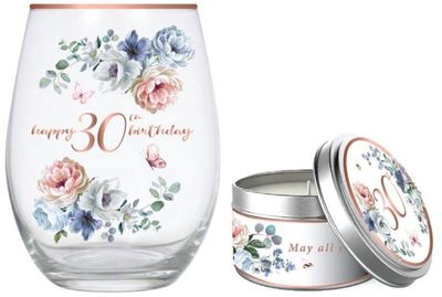 30th Roses Stemless Glass &amp; Candle Set