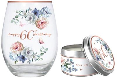 60th Roses Stemless Glass &amp; Candle Set