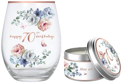 70th Roses Stemless Glass &amp; Candle Set