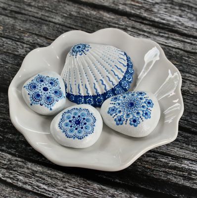 Set of Hand Painted Delft-Inspired Stones and Shell