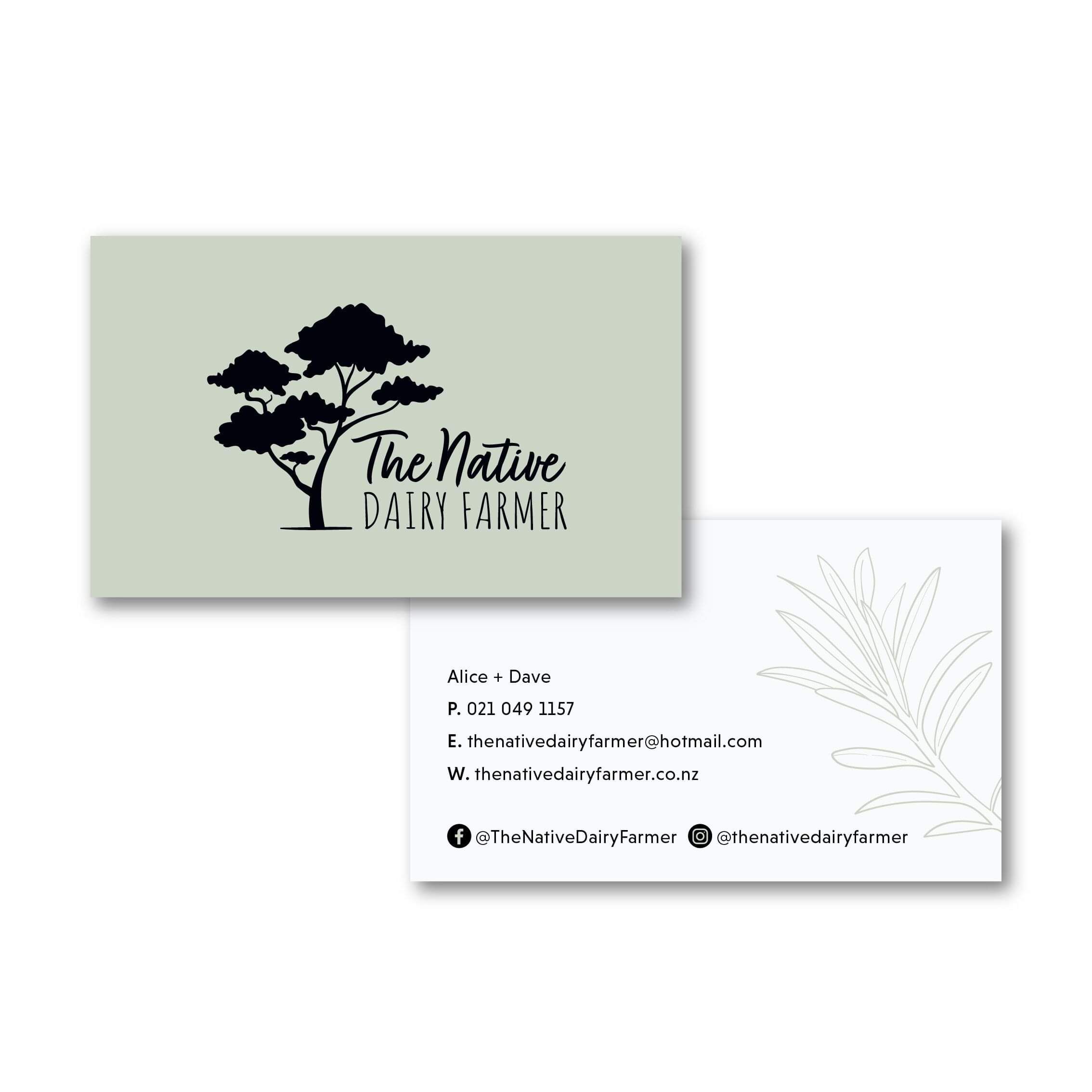 Business card design for The Native Dairy Farmer. Native plant nursery in Te Awamutu.