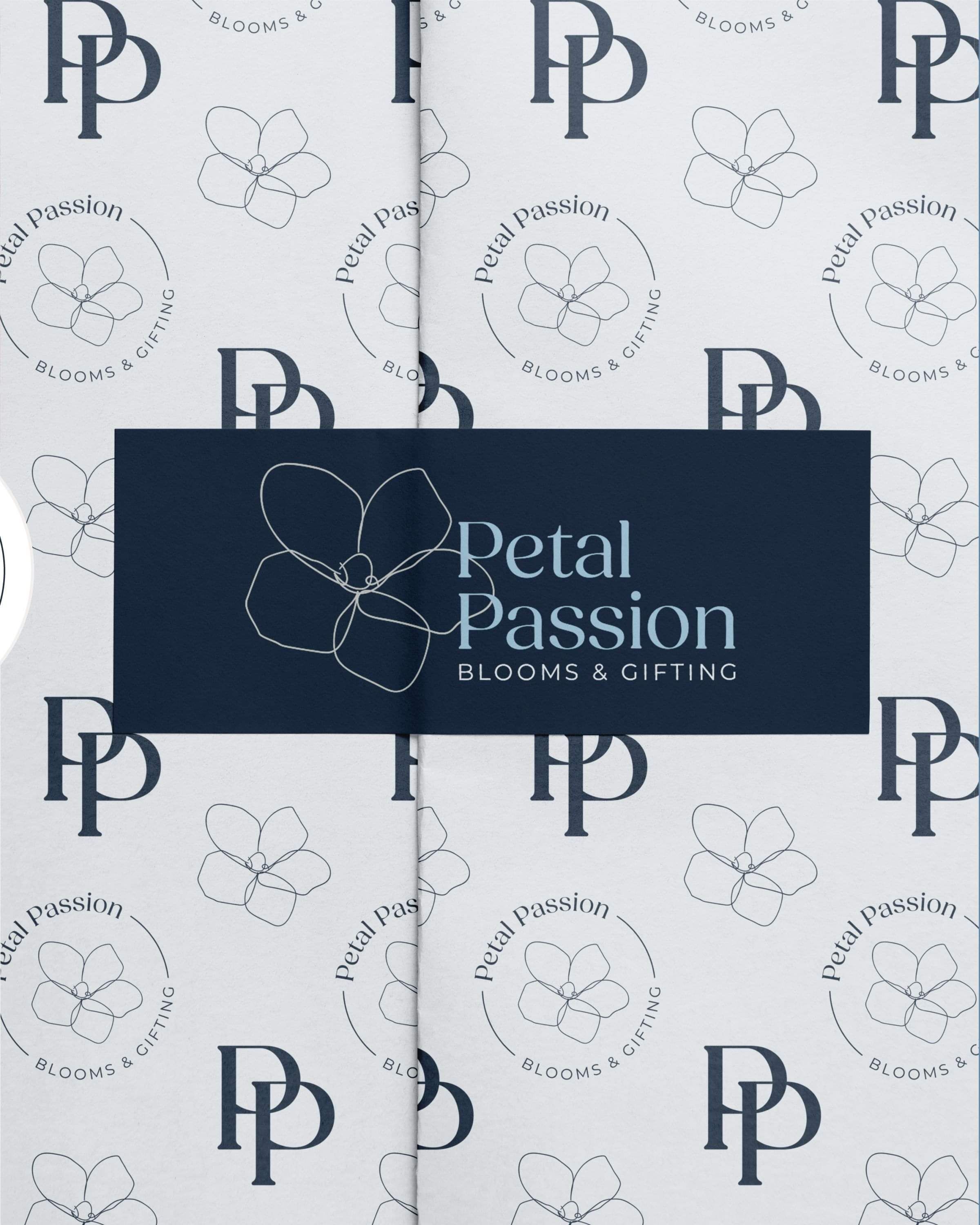  Image of the wrapping paper pattern design for Petal Passion. Designed by Creative Box. Waikato, New Zealand.signer.