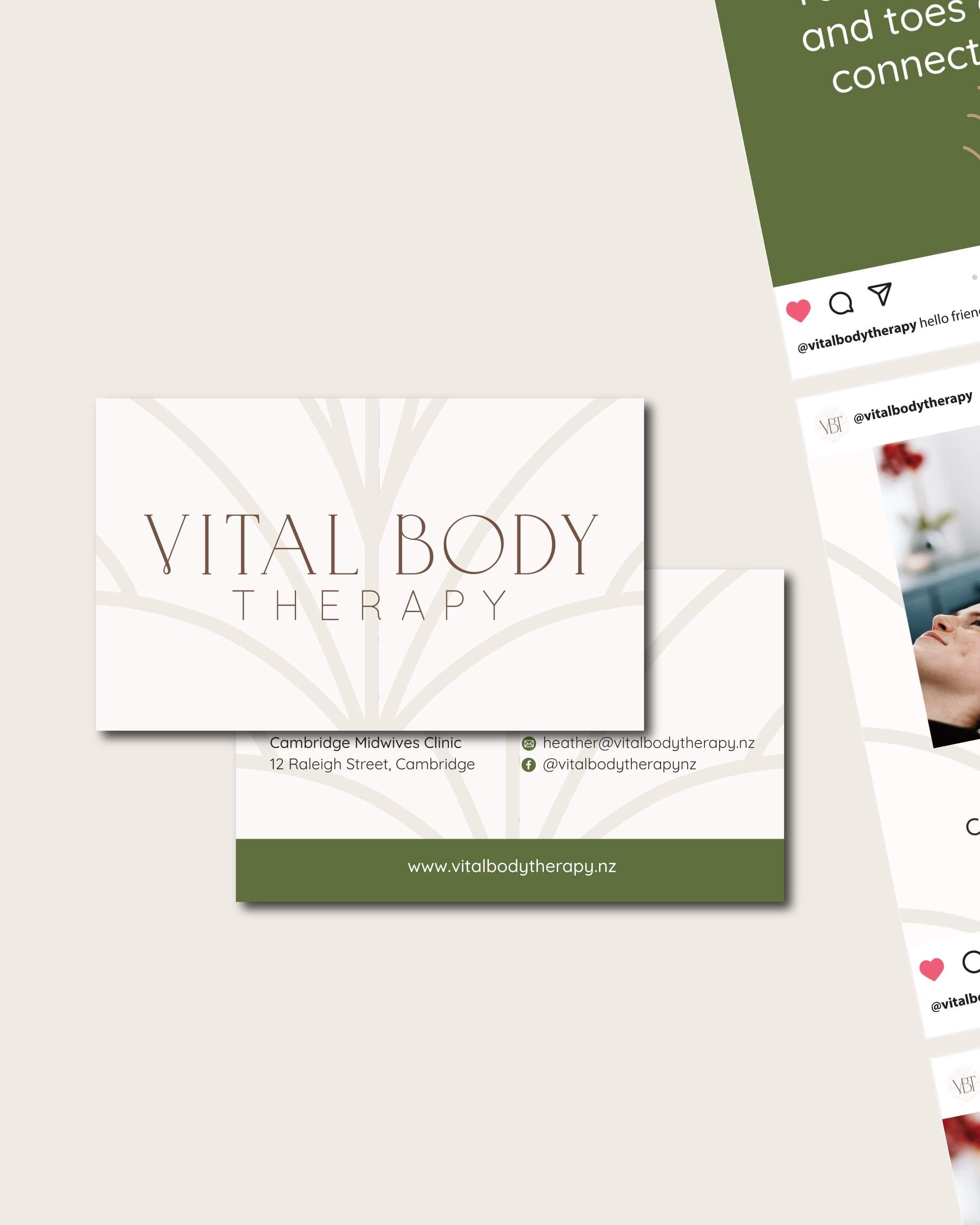 Image of Vital Body Therapy's modern style logo in natural brown and green. Designed by Creative Box. Waikato, New Zealand. 