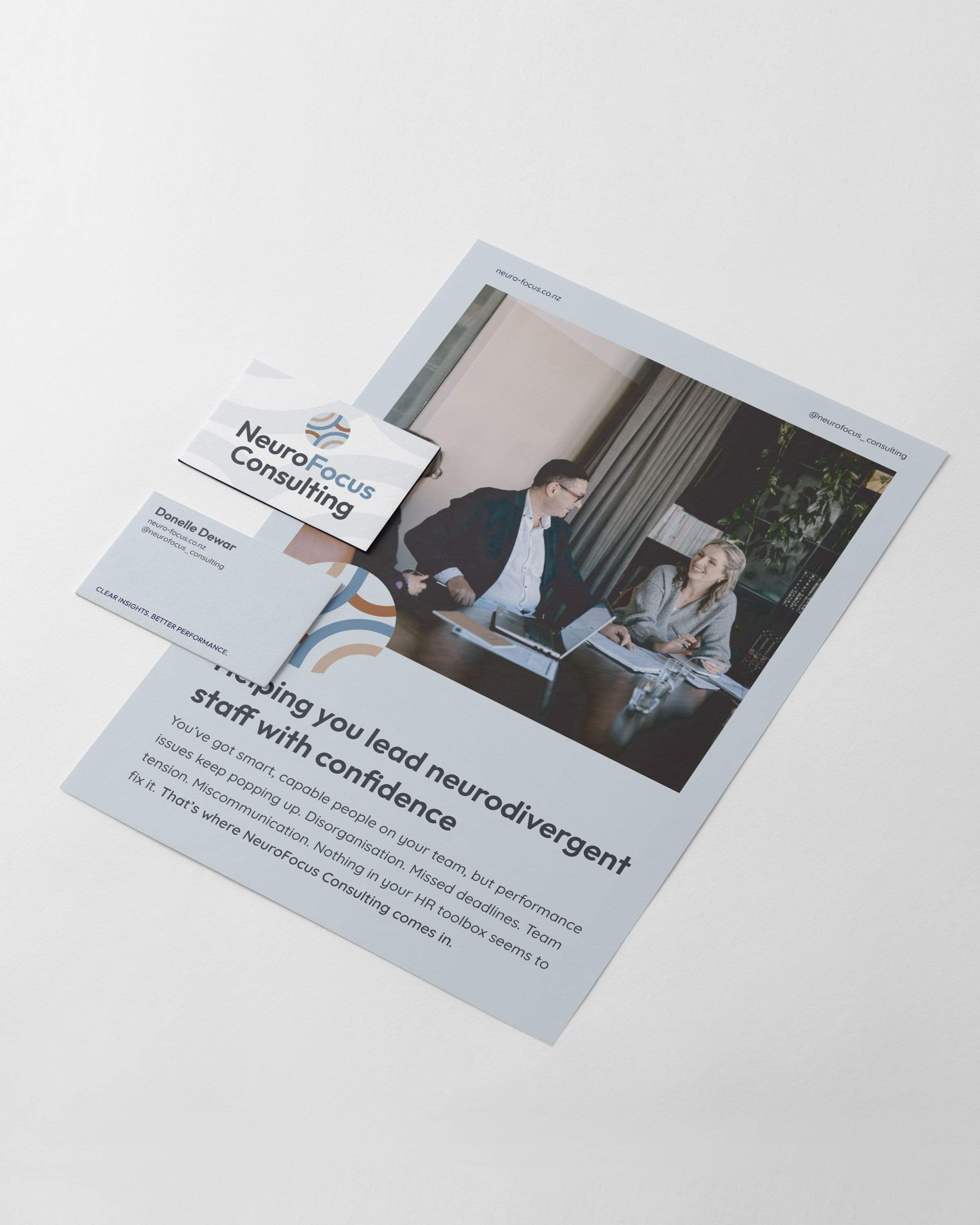 Image of business card & brochure design for NeuroFocus Consulting in brand colours & fonts. Creative Box, Waikato, New Zealand.
